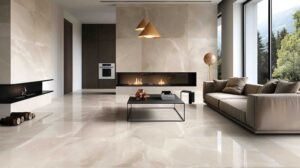 Bottled porcelain tiles and porcelain tiles in a modern living room.